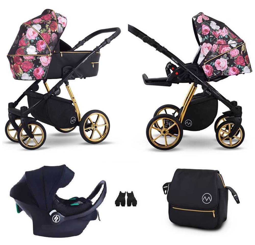 Wózek dla dziewczynki 3w1 Lonex Pax Rose w czarnym kolorze z kwiatowym wzorem, dostępny w sklepie Dadi-Shop. 